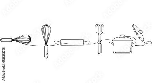 A continuous line drawing of kitchen utensils, including a whisk, rolling pin, and cooking pot, in a horizontal pattern.