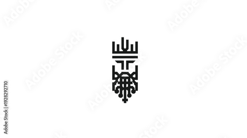 Minimalist geometric line art illustration of a crowned king's head with a long beard. Modern abstract royalty symbol vector icon.