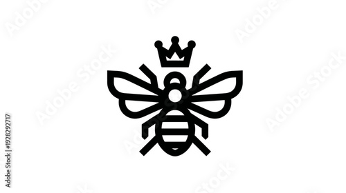 Minimalist black linear icon of a queen bee with a crown, elegant insect graphic symbol on a clean white background, vector illustration.