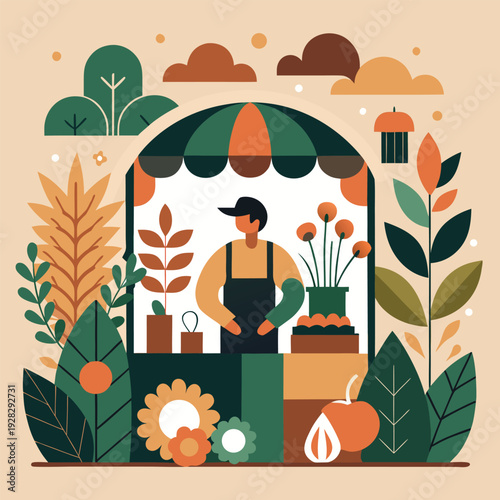 A vibrant illustration depicts a florist at a market stall selling plants and flowers high quality