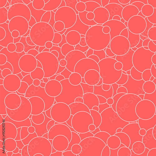 A design shows a seamless pattern of pink circles with thin outlines filling the space. These shapes vary in size and create a repeating design that can be useful for backgrounds, vector illustration