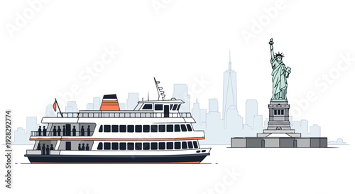 Flat 2D illustration of a ferry boat and the Statue of Liberty with a famous travel landmark cityscape in the background, a classic touristic scene.