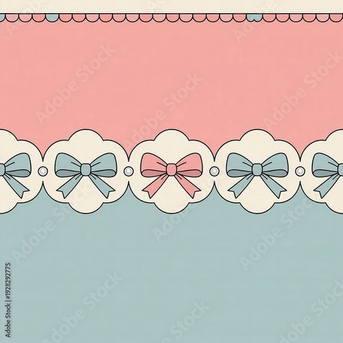 
Pastel Pink & Blue Background with Cute Scalloped Lace Border Featuring Bows and Pearls – Sweet Girly Pattern for Baby Shower, Birthday, Nursery & Feminine Designs  