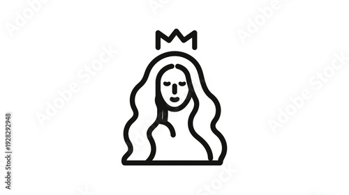 Elegant Minimalist Line Art Illustration of a Woman with a Crown and Flowing Hair, Simple Icon Design, Vector Graphic