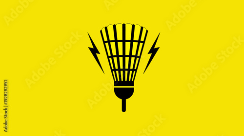 Stylized badminton shuttlecock with lightning bolts on a vibrant yellow background, symbolizing speed and power in sports.