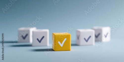 Yellow cube checkmark forefront white checkmark cubes on blue background shallow depth concept of approval highlight and leadership