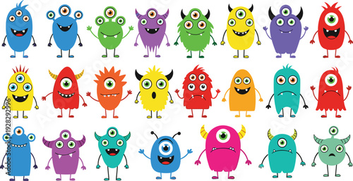 Set of Twenty Four Cute and Colorful Cartoon Monster Characters with Various Expressions and Horns Isolated on White Background for Children Graphic Design