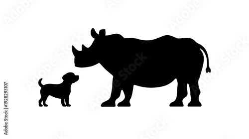 Silhouette of a large rhino and a small dog facing each other, illustrating size contrast and comparison on a white background.