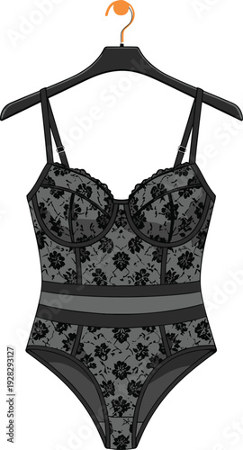 Sexy black floral lace bodysuit vector illustration with adjustable straps and sheer panels on hanger isolated on white background for lingerie fashion design