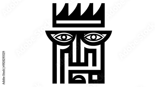Abstract stylized black and white graphic icon with a conceptual face, tribal motifs, crown-like top, and calligraphic design elements.