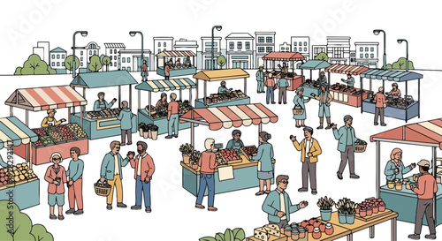 Illustration of a bustling outdoor market in a city with people shopping for fresh produce under colorful stalls and awnings, showcasing urban life in a vibrant and lively atmosphere.