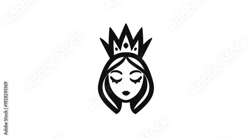 Elegant minimalist illustration of a crowned woman, queen or princess icon, simple black and white vector design, feminine beauty symbol