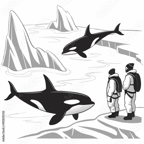 Black and white of orcas and people in snowy landscape