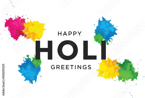 Vibrant Holi Celebration with Colorful Powders and Greetings Card Illustration from a Front View