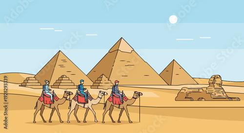 Flat 2D illustration of camels with riders walking towards famous touristic landmarks, pyramids and a sphinx in the background, against a travel-inspired desert landscape.