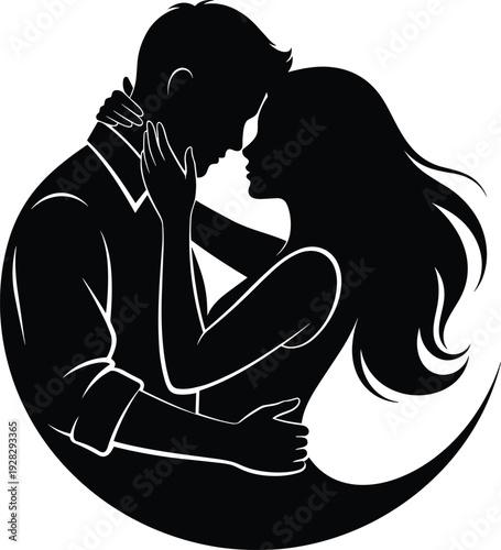 Silhouette of a romantic young couple embracing and looking into each other eyes featuring a man and woman for wedding anniversary and Valentines Day design.