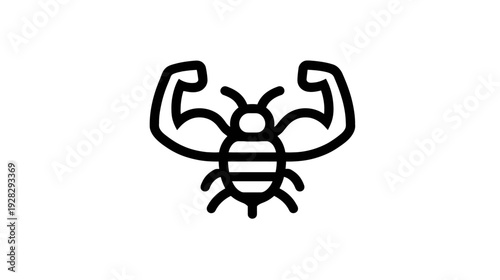 Black outline vector icon of a strong insect flexing bicep muscles, symbolizing power, strength, resilience, and determination.