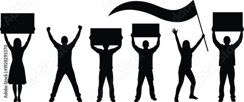 Silhouette of diverse people holding protest signs and flag, representing demonstration, activism, freedom of speech, unity, and social movement concept vector illustration