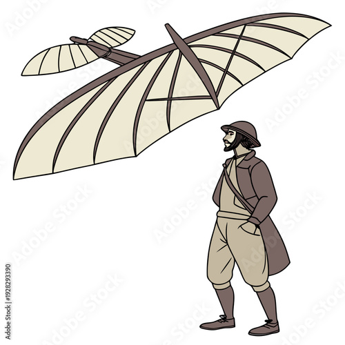 Vintage style of man in early flight gear standing next to hang glider
