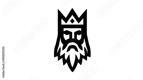 Minimalist line art icon of a king's head with a crown and beard. Royal monarch symbol in black on white.