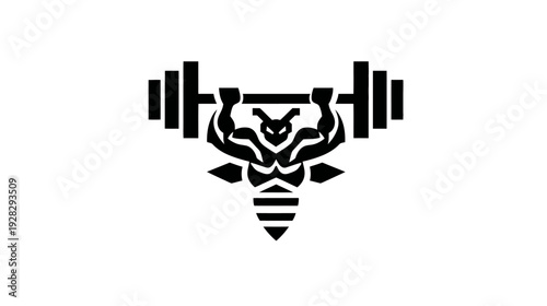 Muscular insect lifting heavy barbell, powerful bug strength training logo icon. Fitness, gym, workout, bodybuilding concept.