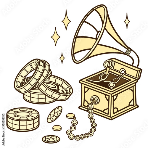 Gold gramophone with coins and sparkles treasure