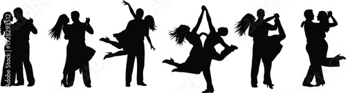 Silhouettes of dancing couples in expressive poses, showcasing partner dance styles, movement coordination, artistic performance, romance, elegance, and dynamic choreography illustration.