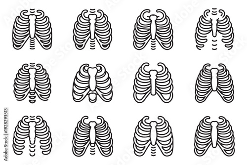 Collection of human rib cage icons showing different thoracic skeletal structures in thin line art style