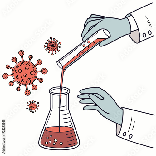 Laboratory hands in gloves pouring red liquid into flask with virus particles