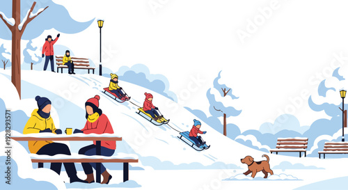 A flat 2D illustration of people enjoying a snowy day in a park with a city backdrop, featuring individuals sledding and sitting at a picnic table.