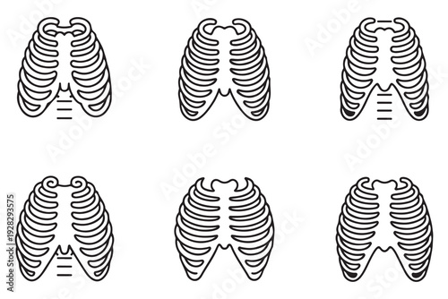 Set of six human rib cage line icons displaying various thoracic bone structures for anatomical research
