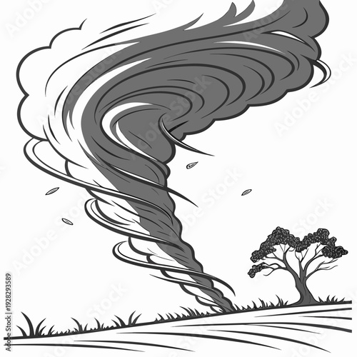 Grayscale of a tornado touching down near a tree storm