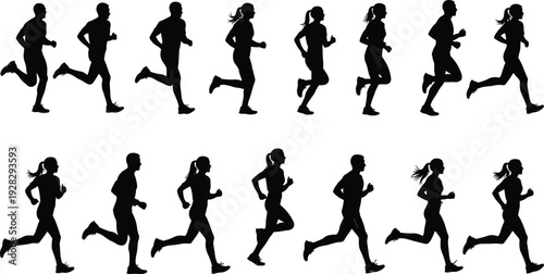 Silhouettes of diverse male and female runners in motion sequence, showcasing dynamic running stride biomechanics, athletic training, fitness exercise, sports science, and human movement illustration.