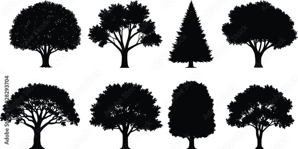Fototapeta premium Silhouettes of diverse tree shapes and branching patterns, including coniferous and broadleaf varieties, illustrating forest diversity, landscape design, botany st