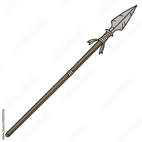 Brown spear with gray stone tip and tan wrappings throwing spear