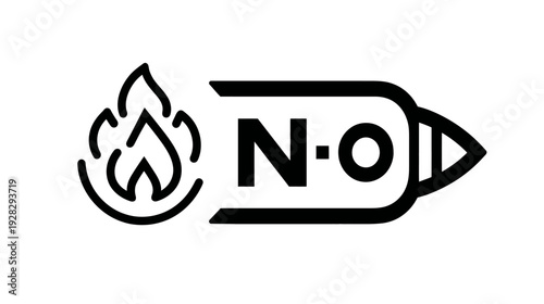 Flammable gas hazard icon with a stylized flame and N-O symbol within a bullet-like container, black and white vector
