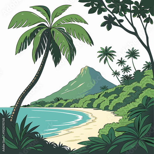 Tropical beach scene with palm trees and mountain sandy shore