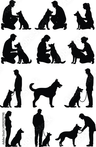 Silhouettes of professional dog trainers and owners interacting with German Shepherds and service dogs including obedience training, petting, walking on leash, and sitting.