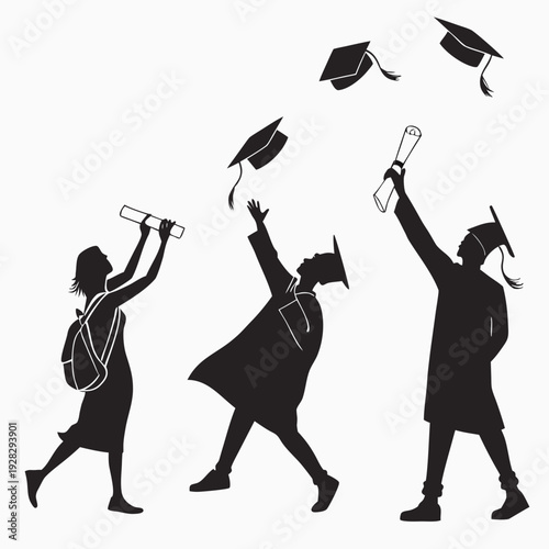 Black silhouette students tossing graduation caps and holding diplomas