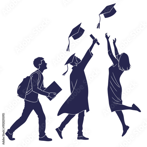 Navy blue silhouette of students tossing graduation caps
