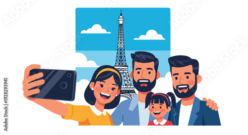 Flat 2D illustration of a family taking a selfie with the Eiffel Tower and a travel background.