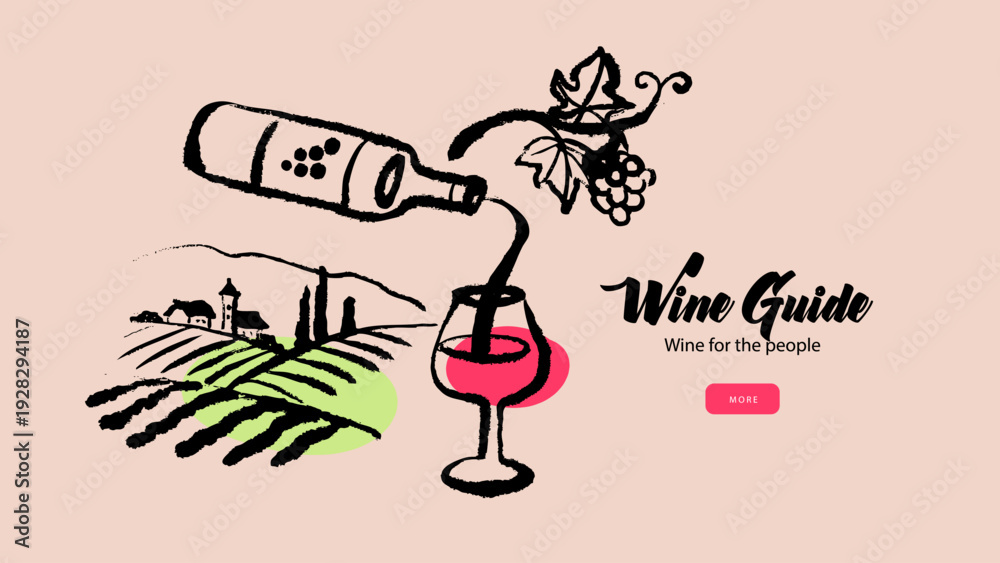 Fototapeta premium Sketch wine plantation hills, bottle, glass and grapes. Hand drawn line art vector illustration of wine growing region. Countryside winemaking background. Vineyard landscape.