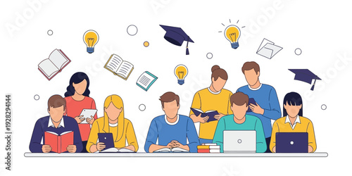vector illustration of a group of people studying