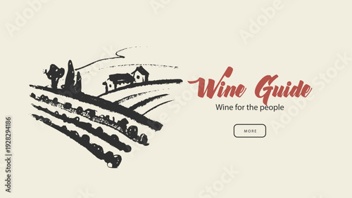 Sketch vineyard landscape. Wine plantation hills and trees. Hand drawn line art vector illustration of wine growing region. Countryside winemaking background