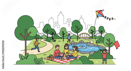 A colorful illustration of children playing and having a picnic in a city park with a horizontal layout and flat design.