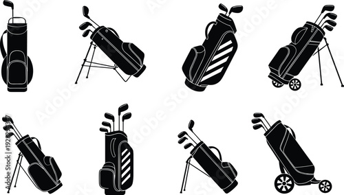 Golf bag icons, golf club sets, vector illustration, black silhouettes, golf equipment, sports gear, golf accessories, flat design, isolated white background.
