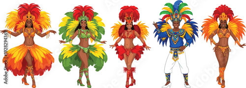 Vibrant Brazilian Carnival Dancers Collection Featuring Men and Women in Traditional Feathered Samba Costumes with Colorful Headdresses Isolated on a Clean White Background