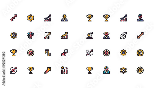 A colorful vector graphic illustration of various achievement and success icons, including trophies, targets, and people.