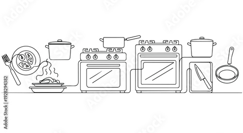 Continuous line drawing of kitchen utensils and appliances in a horizontal pattern, including pots, pans, and cooking tools.