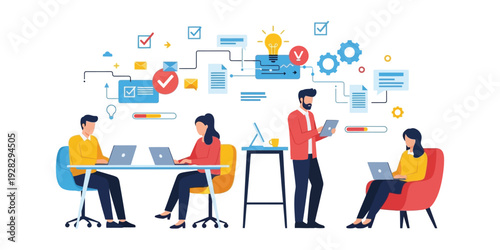 vector illustration of a group of people working with cloud server data for business banner needs